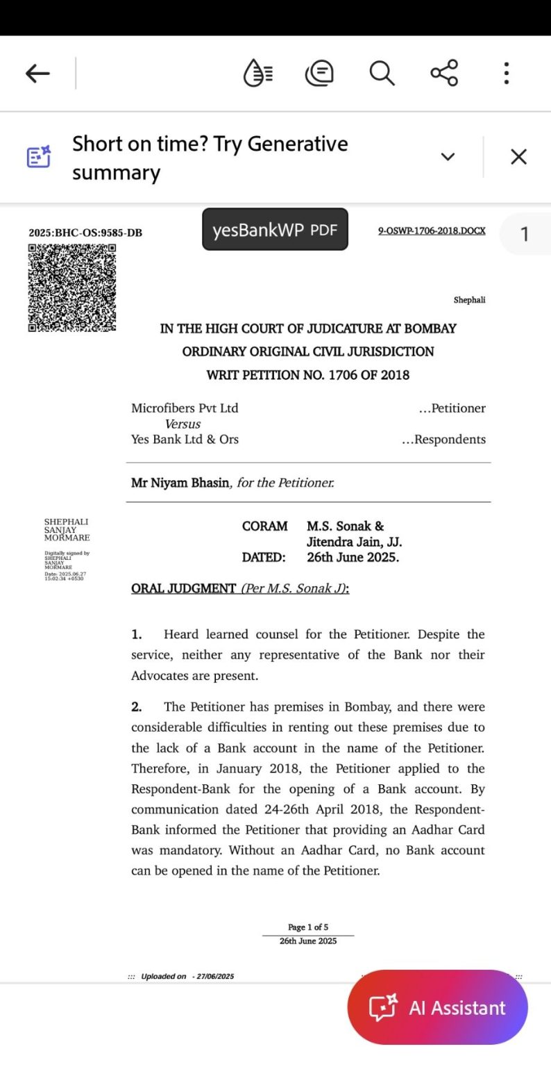 Aadhaar is not a mandatory requirement for opening bank accounts ...